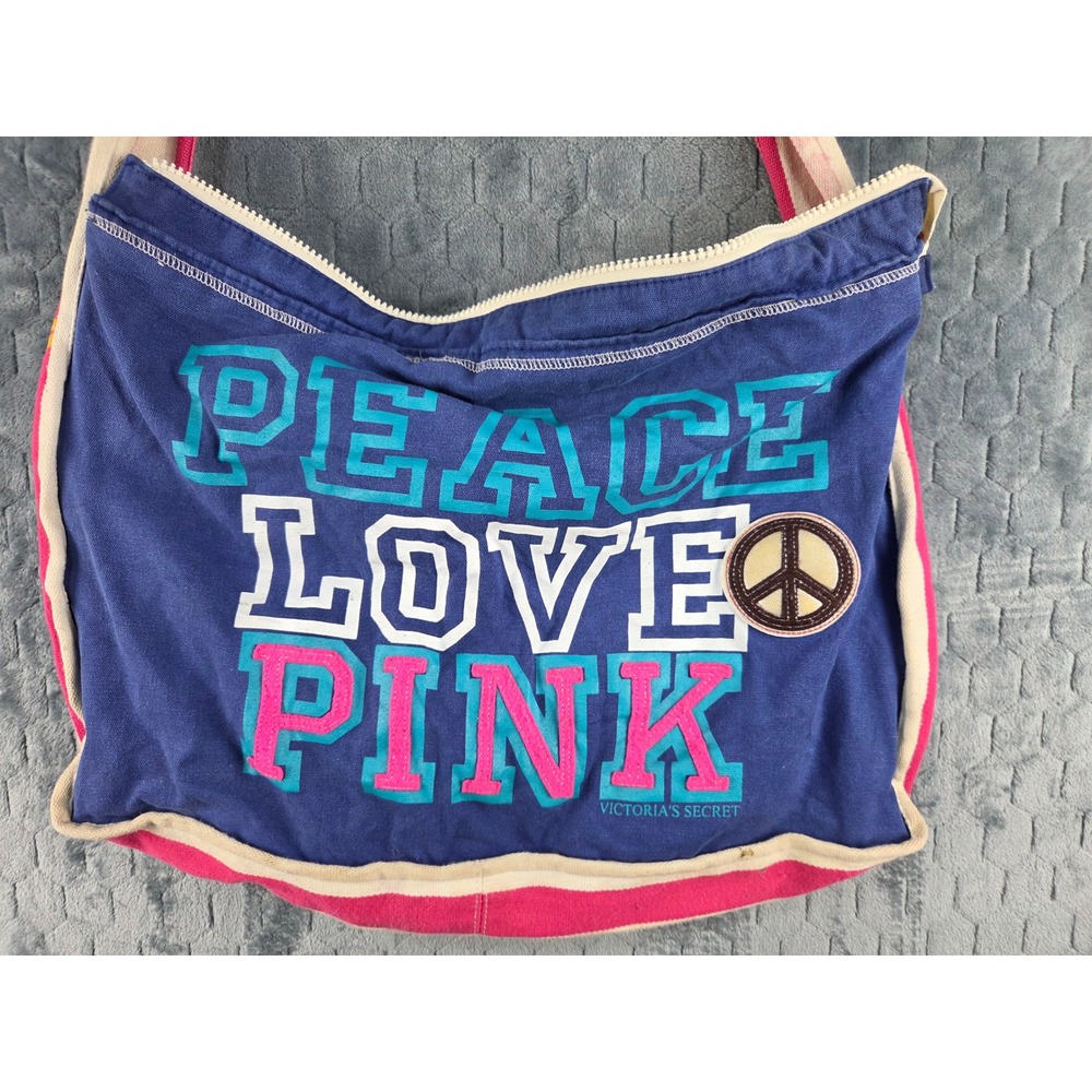 Victorias Secret PINK Peace Love Pink Blue Canvas Hobo Shoulder Bag Zippered